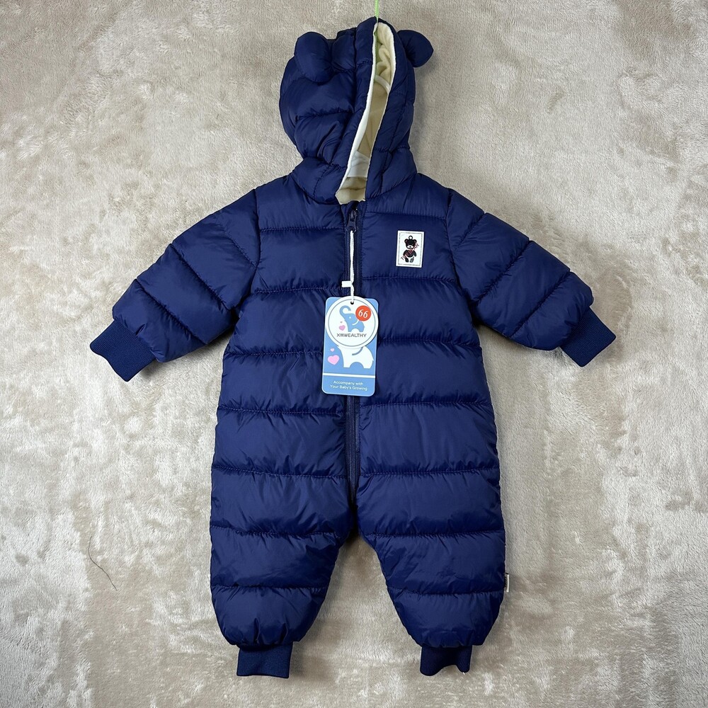XMWEALTHY Puffer Snowsuit Boys 3-6 Months Blue Fleece Hooded Bear Ears Winter